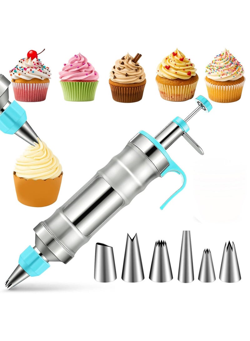 مجموعة محاقن تزيين الحلويات، طقم تزيين الكيك من الفولاذ المقاوم للصدأ مع 6 رؤوس تزيين، مجموعة رؤوس تزيين الكب كيك - Image 1